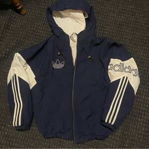 Adidas Navy Blue and White Vintage Wind breaker hooded jacket